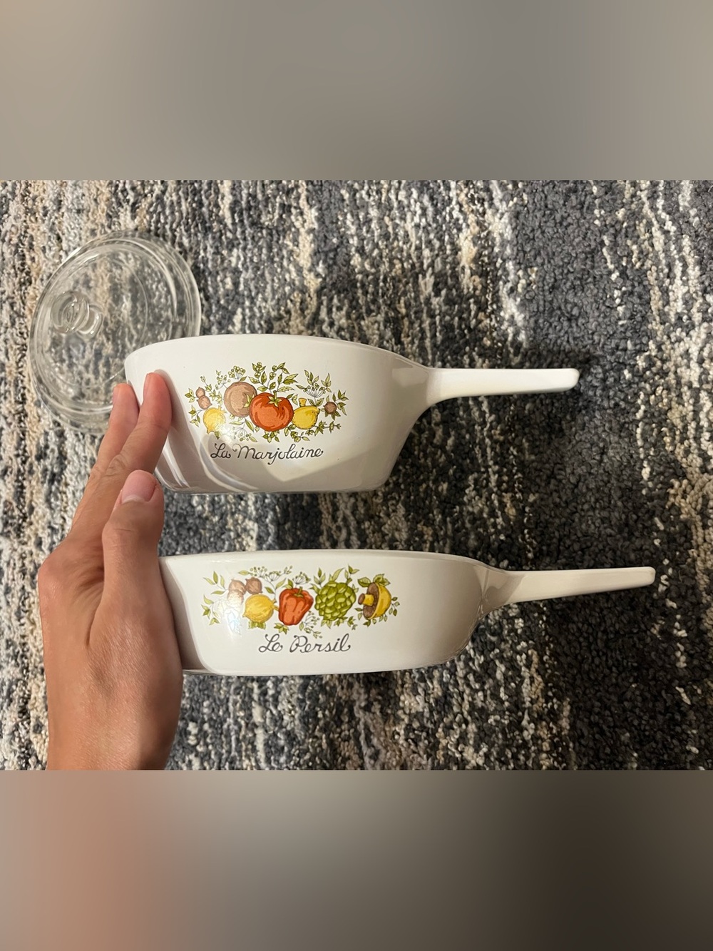 White Ceramic Herb & Vegetable Handle Casserole - Set of 2 vintage corningware